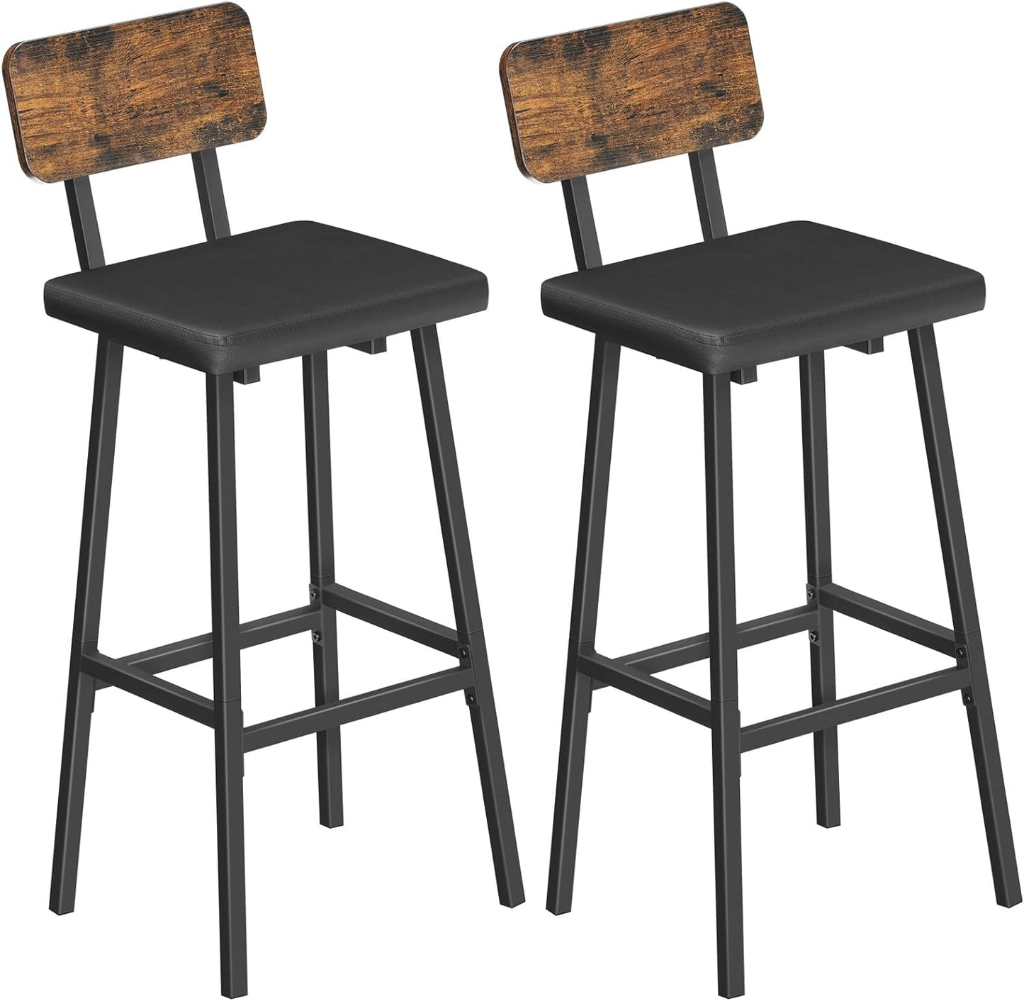 HOOBRO Bar Stools, Breakfast Bar Stools Set of 2, PU Upholstered Tall Bar Chairs, Industrial Barstools with Backrest and Footrests, for Kitchen, Dining Room, Bar