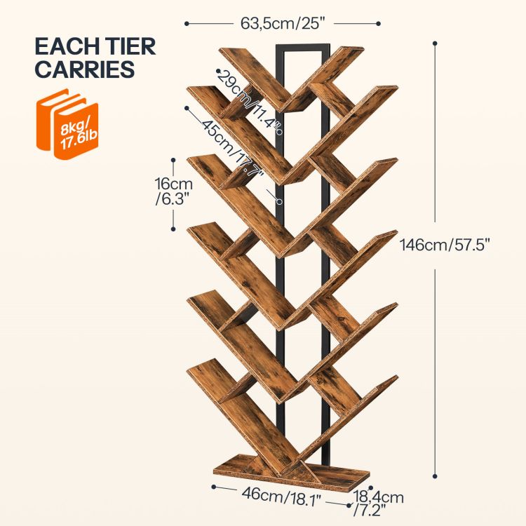 HOOBRO Tree Bookshelf, Tall Bookcase, Floor Standing Bookcase for DVDs Albums, Display Storage Shelf for Living Room, Home Office, Industrial Shelving Units