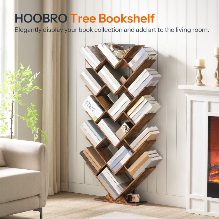 HOOBRO Tree Bookshelf, Tall Bookcase, Floor Standing Bookcase for DVDs Albums, Display Storage Shelf for Living Room, Home Office, Industrial Shelving Units