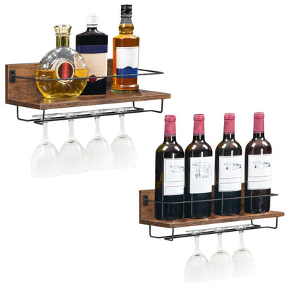 HOOBRO Wall Mounted Wine Rack, Wine Glass Rack Set of 2, Wine Shelf Hanging Floating Shelves, Wine Bottle Glass Rack Stemware Holder, for Living Room, Kitchen