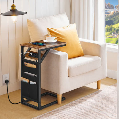 HOOBRO C Shaped Side Table with Charging Station, Sofa Side Table with Storage Bag, Narrow Bedside Table with Power, Laptop Table for Sofa, Small Spaces, Living Room