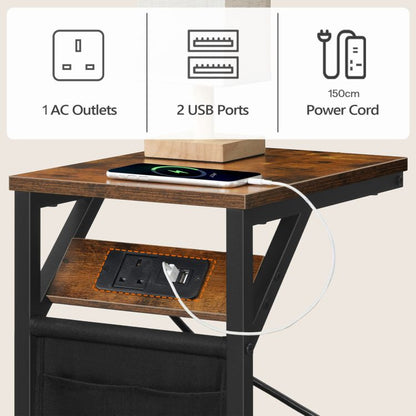 HOOBRO C Shaped Side Table with Charging Station, Sofa Side Table with Storage Bag, Narrow Bedside Table with Power, Laptop Table for Sofa, Small Spaces, Living Room