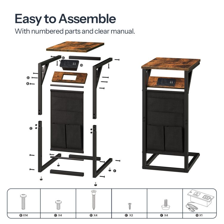 HOOBRO C Shaped Side Table with Charging Station, Sofa Side Table with Storage Bag, Narrow Bedside Table with Power, Laptop Table for Sofa, Small Spaces, Living Room