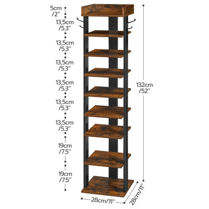 HOOBRO Narrow Shoe Rack, 9-Tier Tall Shoe Rack, Wooden Shoe Storage Organizer with 2 Hooks, Slim Shoe Shelf, Vertical Shoe Tower for Entrance, Industrial