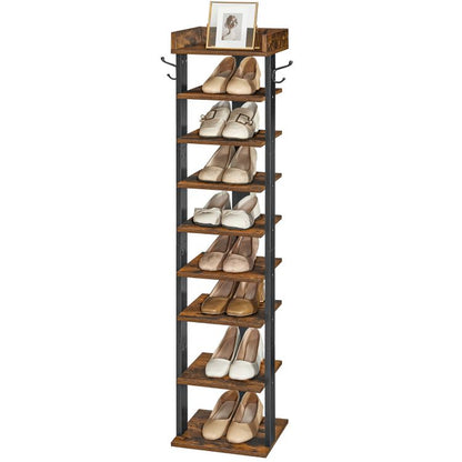 HOOBRO Narrow Shoe Rack, 9-Tier Tall Shoe Rack, Wooden Shoe Storage Organizer with 2 Hooks, Slim Shoe Shelf, Vertical Shoe Tower for Entrance, Industrial