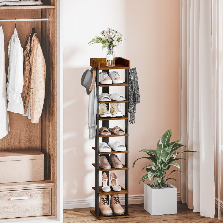 HOOBRO Narrow Shoe Rack, 9-Tier Tall Shoe Rack, Wooden Shoe Storage Organizer with 2 Hooks, Slim Shoe Shelf, Vertical Shoe Tower for Entrance, Industrial