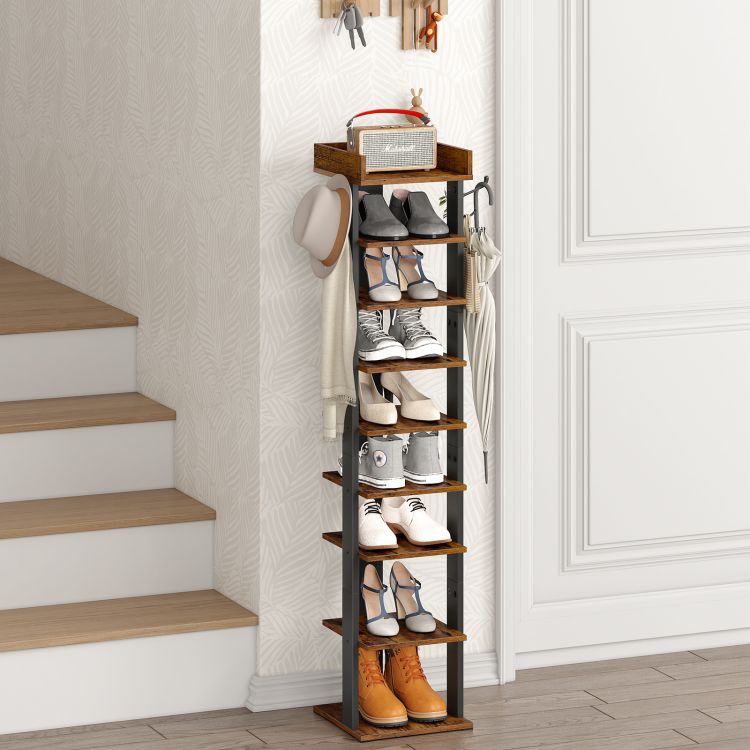 HOOBRO Narrow Shoe Rack, 9-Tier Tall Shoe Rack, Wooden Shoe Storage Organizer with 2 Hooks, Slim Shoe Shelf, Vertical Shoe Tower for Entrance, Industrial