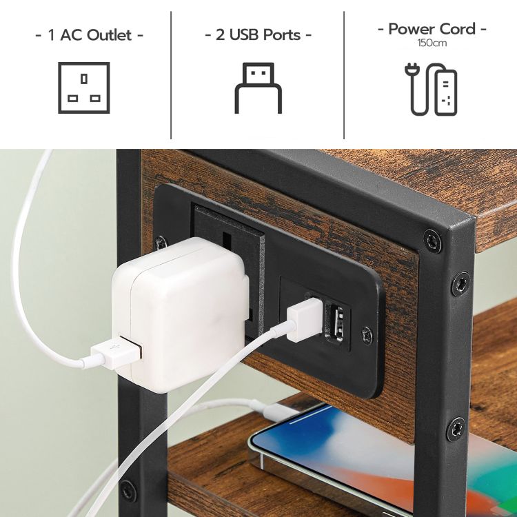 HOOBRO Slim Side Table with Charging Station, Narrow Side Table with USB Ports & Power Outlet, 42 x 18 x 65 cm, 3-Tier End Table for Small Space, Slim Bedside Table