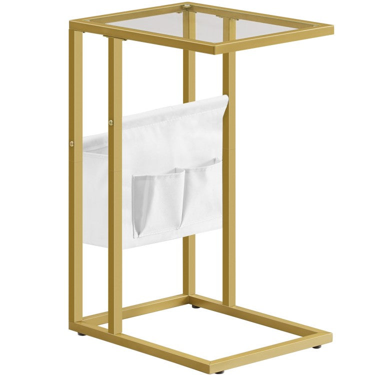 HOOBRO C Shaped Side Table, Gold Side Table, Tempered Glass End Table with Fabric Storage Holder, Small Coffee Snack Table for Small Spaces, Living Room, Bedside Table, Metal Frame