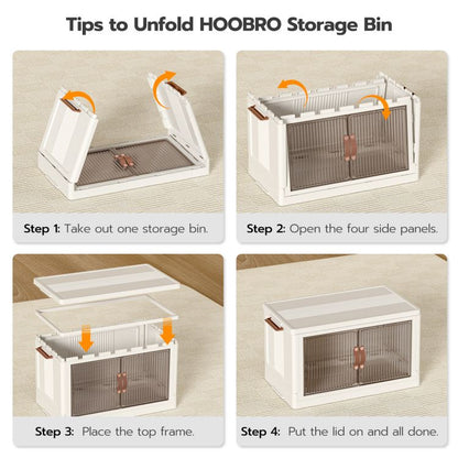 HOOBRO Wardrobe Storage Organiser, Stackable Storage Boxes with Doors, Foldable Plastic Storage Boxes with Wheels, 4 x 41.6L, Kitchen Storage Containers Organizer, for Living Room