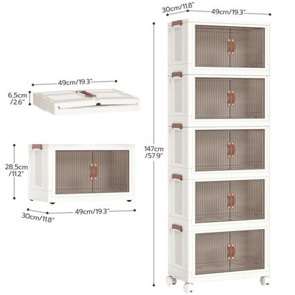 HOOBRO Wardrobe Storage Organiser, Stackable Storage Boxes with Doors, Foldable Plastic Storage Boxes with Wheels, 5 x 41.6L, Kitchen Storage Containers Organizer, for Living Room