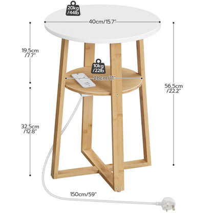 HOOBRO Round Side Table with Charging Station, 2-Tier Round Coffee Table with Bamboo Legs, Small Telephone Table, Wooden Bedside Table for Living Room, Bedroom